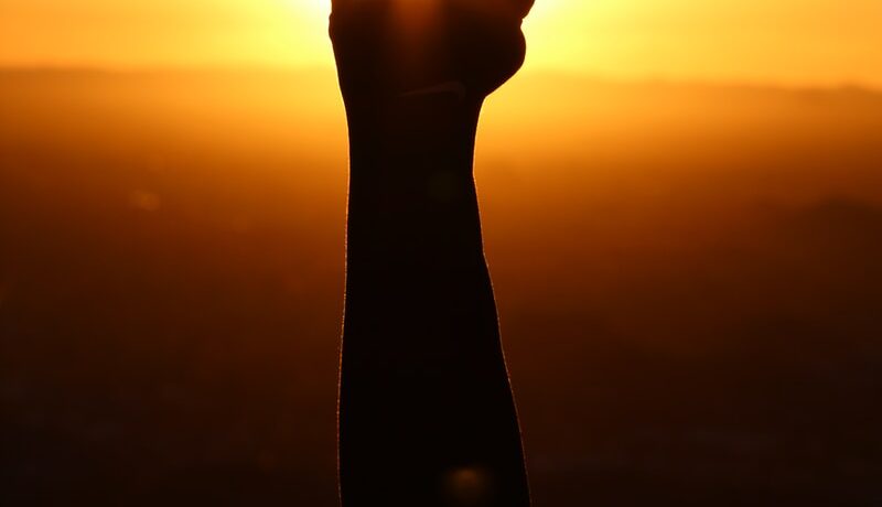 silhouette of person fist during sunset