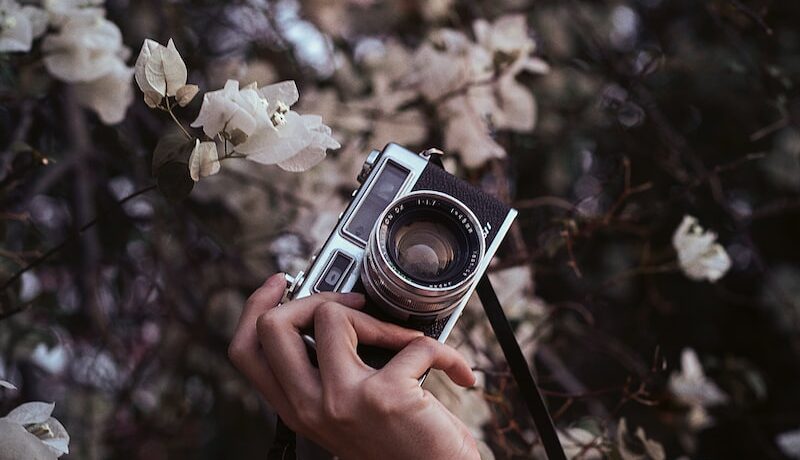 person holding silver and black camera