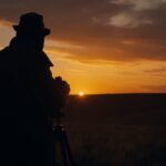 a man standing in a field at sunset