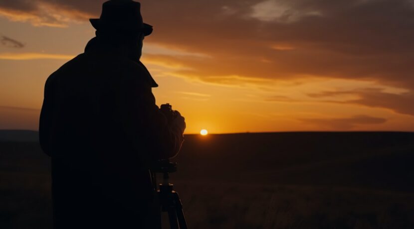 a man standing in a field at sunset