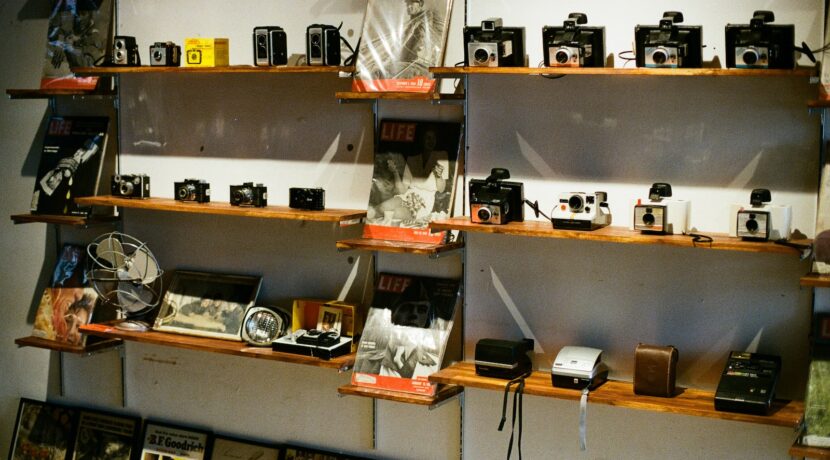 a room with shelves and objects