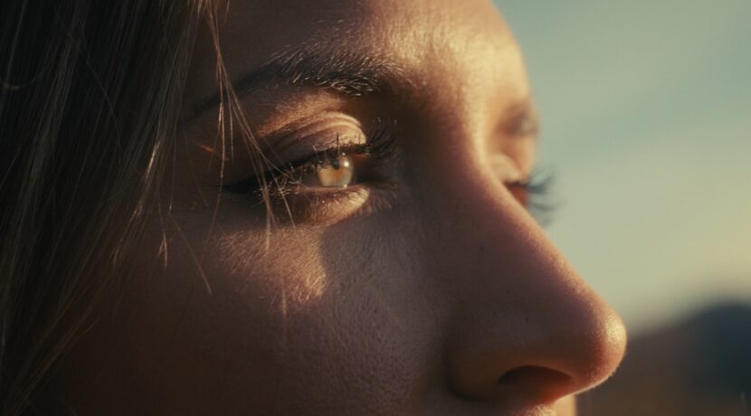 a close up of a woman's face with a building in the background